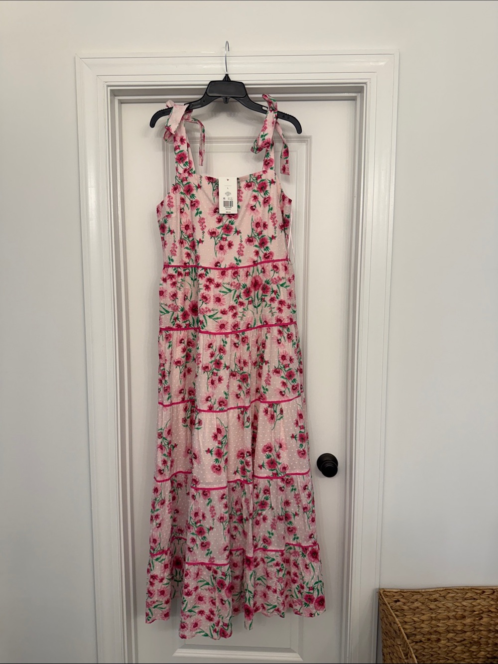 Crown & Ivy Pink Floral Tiered Maxi Dress with Tie Straps